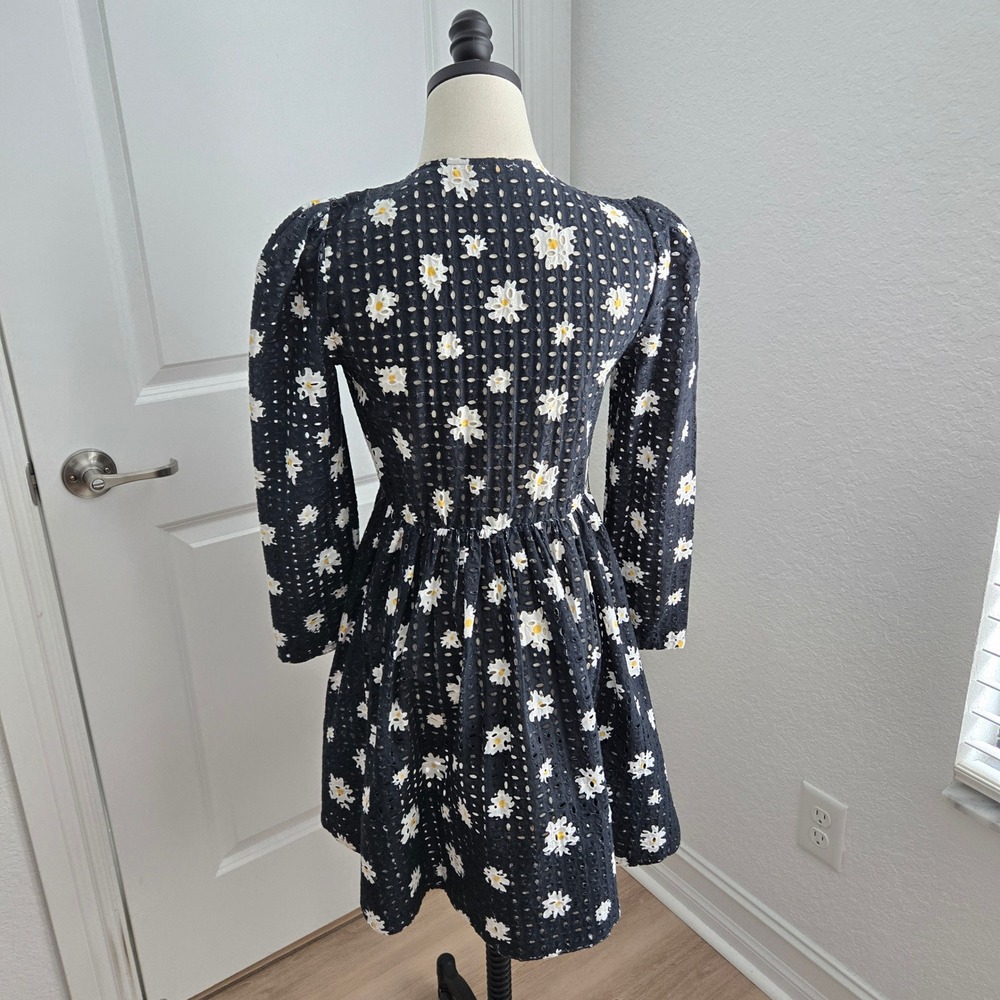 MAJE Rayom Daisy Print Eyelet Dress Black White Long Sleeve Crossover V-Neck - Picture 5 of 10